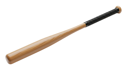 Classic wooden baseball bat with black handle used for competitive sports and recreational activities isolated PNG with Transparent Background