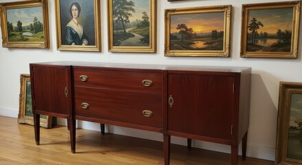 Elegant antique sideboard displays ornate drawers and doors, adorned with framed art.