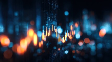 A vibrant digital display showing fluctuating data trends, illuminated with blue and orange hues, representing financial markets or data analytics.