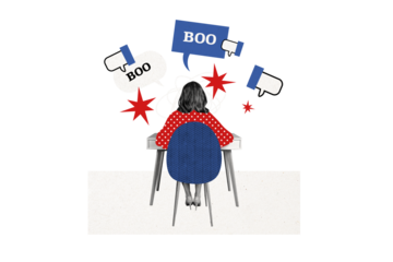 Composite photo collage of anonym girl sit back chair table boo notification cyberbully thumb down hate isolated on painted background