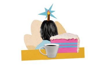 Composite photo collage of anonym girl stand back candle peek head birthday wish coffee cup cake food event isolated on painted background