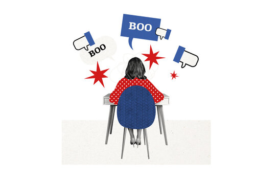 Composite photo collage of anonym girl sit back chair table boo notification cyberbully thumb down hate isolated on painted background
