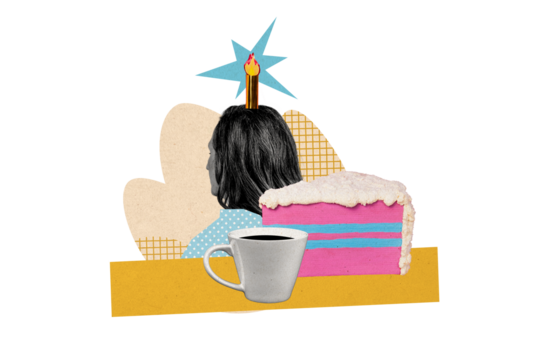 Composite photo collage of anonym girl stand back candle peek head birthday wish coffee cup cake food event isolated on painted background