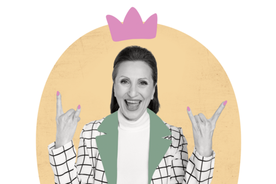 Creative collage picture mature lady rock roll fan gesture horns headwear crown princess queen laughter joy drawing background