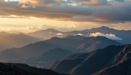 Layers of dark mountain ridges fade into golden sunset haze beneath a dramatic cloudy sky