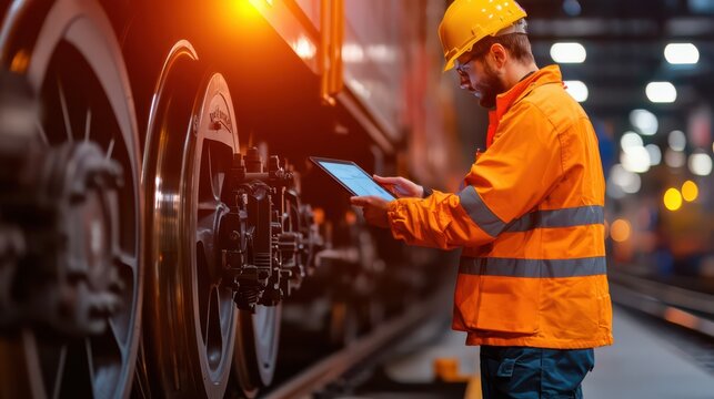 A worker in safety gear inspects a train's wheels using a tablet, highlighting technology in the railway industry.