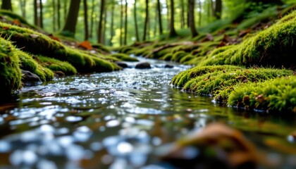 Close up of a clear forest stream flowing over stones bordered by bright green mossy banks