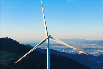 Wind turbine energy generator close-up in suburban, Energy transition with zero emission carbone