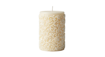 Ornate cream candle with floral design for home decor isolated PNG with Transparent Background