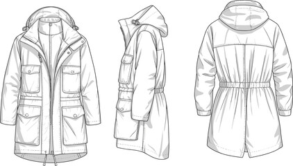 Women’s parka jacket fashion illustration, technical flat sketch, hooded coat design, apparel template, garment drawing, clothing mockup, outerwear vector style"