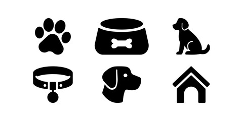 Dog care and pet icons black silhouette set. Silhouette icons of dog care items: paw print, bowl with bone, dog, collar, head, and kennel. Minimal black pet vector design for animal veterinary themes.