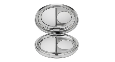 Open silver makeup compact showing mirror isolated PNG with Transparent Background