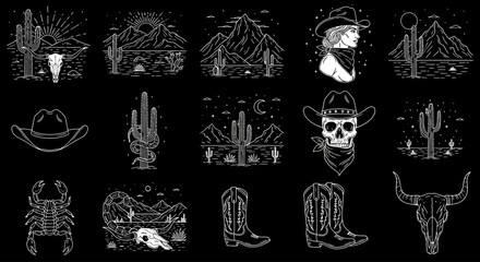 Wild West monochrome line art collection. A vintage set of desert symbols including cowboy hat, skull, cactus, and mountain landscapes