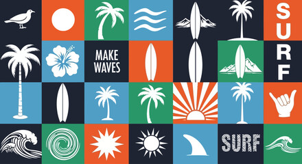 Colorful collage of surfing symbols and beach life graphics for summer design projects, featuring retro style vector art