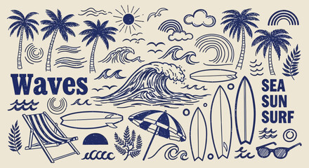 Vintage hand-drawn illustrations of surfing and tropical beach life. A graphic set of ocean waves, palm trees, and summer vacation icons © John
