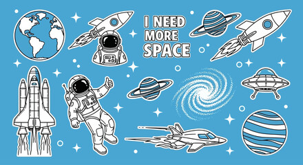 A creative set of monochrome space exploration stickers and patches, featuring an astronaut, rockets, planets, and a galaxy on a blue background