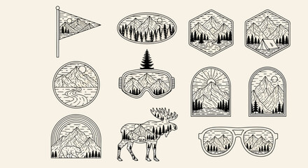 Set of monochrome mountain landscape and outdoor adventure emblems. Wilderness travel and camping linear vector graphic icons for design © John