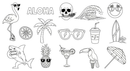 A diverse collection of hand-drawn monochrome summer vacation icons featuring tropical elements like a palm tree, a surfing wave, and a cool pineapple