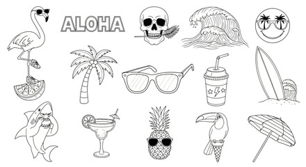A collection of hand-drawn tropical summer vacation doodle icons, featuring quirky characters like a cool flamingo, shark, and pineapple with sunglasses