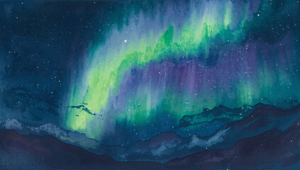 Watercolor painting of the Northern Lights with vibrant green and purple ribbons arching over dark mountains and a starry night sky