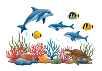 Colorful underwater scene with dolphin coral reef and sea turtle isolated on transparent background