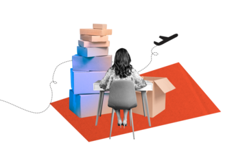 Composite photo collage of anonym girl sit back table chair airplane flight box pile carton shipment postal isolated on painted background