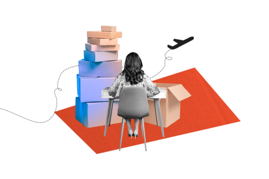 Composite photo collage of anonym girl sit back table chair airplane flight box pile carton shipment postal isolated on painted background