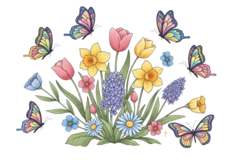 Spring floral arrangement with butterflies isolated on transparent background