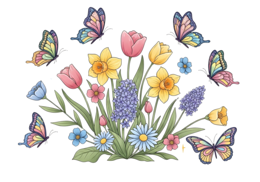 Spring floral arrangement with butterflies isolated on transparent background