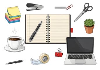 Collection of office supplies and stationery isolated on transparent background