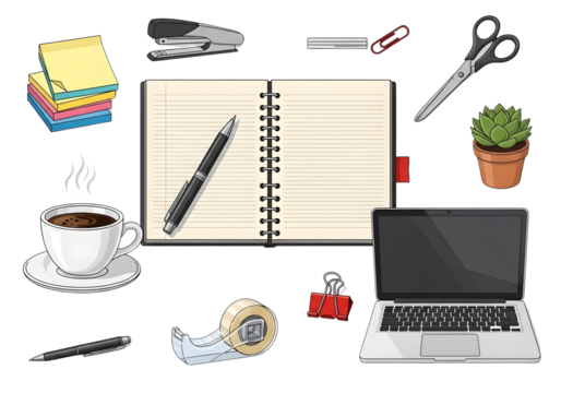 Collection of office supplies and stationery isolated on transparent background