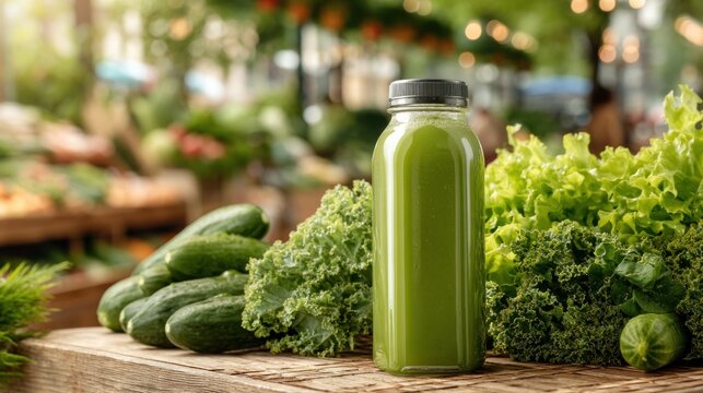 A refreshing green juice bottle surrounded by fresh vegetables and leafy greens, showcasing a healthy lifestyle and vibrant produce.