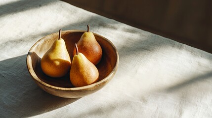 Rustic pear still life with natural light – cozy wooden bowl of ripe pears in warm sunlight, minimalist still life scene capturing rustic pear still life with natural light and soft shadow composition