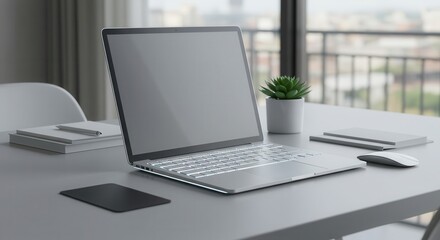 Modern desk setup with a laptop, mouse, plant, and notebooks.