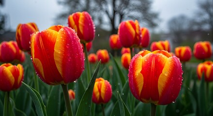Raindrops on tulips after a light shower, spring equinox freshness.