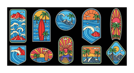 A vibrant collection of retro surfing and tropical adventure emblems, perfect for patches, stickers, and logos