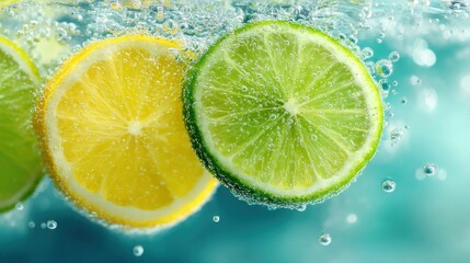 Fresh lemon and lime slices submerged in sparkling water, creating a refreshing visual with bubbles rising around them.