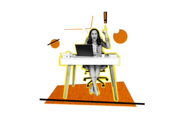 Creative picture collage mature angry businesswoman boss workspace table exclamation mark disappointed textbox drawing background