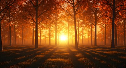 Fototapeta premium Sunset light through orange and red trees on the autumn equinox.