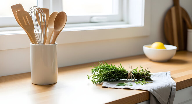 Natural wooden kitchen utensils in a ceramic holder on a countertop with fresh herbs and lemon