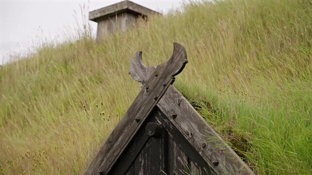 Old Wooden Carved Viking House Roof Element Close Up
