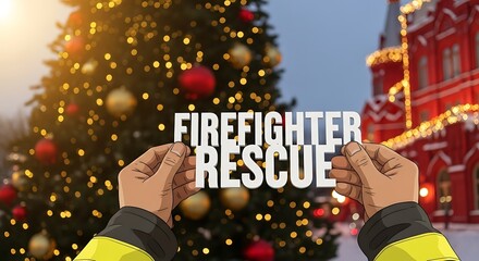 Hands holding cut-out text "Firefighter Rescue" against a Christmas tree and building background