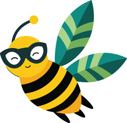 Silhouette of a striped bee wearing aviator goggles and flying a leaf jet isolated.