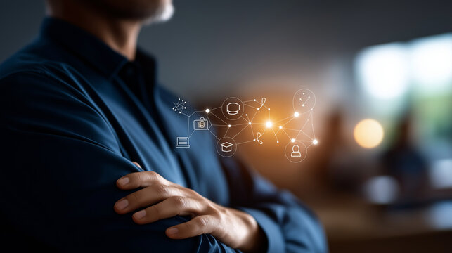 AI in e learning platform (variant) crop below eyes background softly defocused online education webinars recorded classes businessman with virtual e learning icons with cop - Powered by Adobe