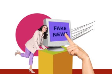 Composite trend artwork sketch image 3D photo collage of speech cloud fake news misleading computer display aged woman stand finger point