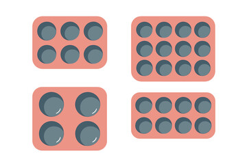 Four silicone baking molds or ice cube trays with multiple circular cavities