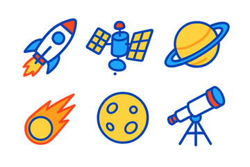 Colorful space and astronomy icons set featuring rocket, planet, moon, satellite, comet, and telescope © icon_art
