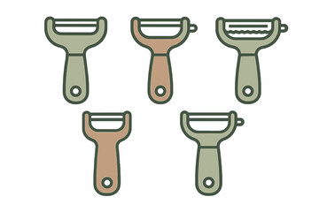 Collection of five kitchen vegetable peelers in various styles and colors for cooking and food preparation