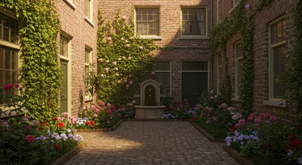 Fototapeta premium Charming courtyard with blooming flowers and ivy on brick walls.