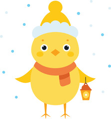 Silhouette of a winter chick holding a lantern in snowfall isolated on white background.